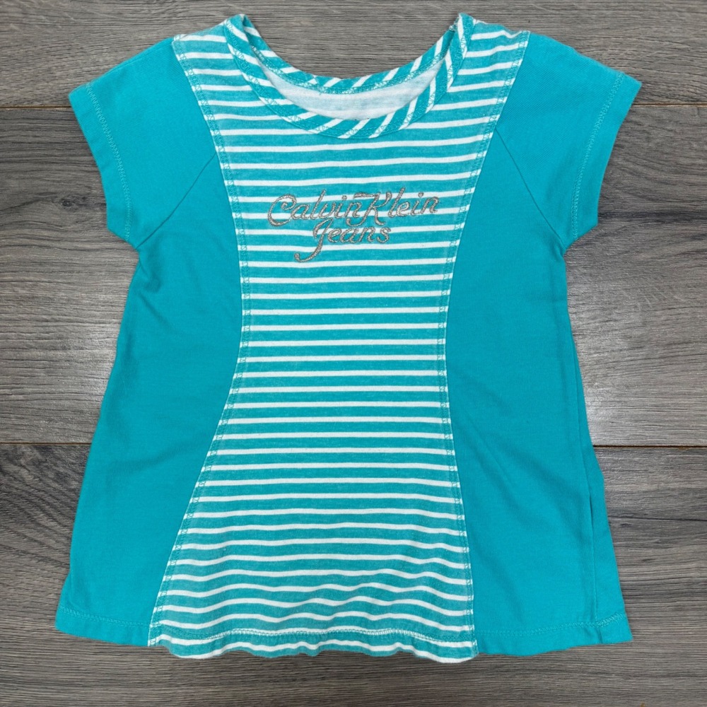 Calvin Klein Jeans Girls 3T Turquoise Striped Short‎ Sleeve Shirt Embroidered